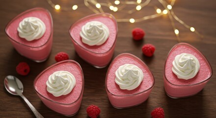 Delicious Pink Raspberry Desserts with Whipped Cream and Berries