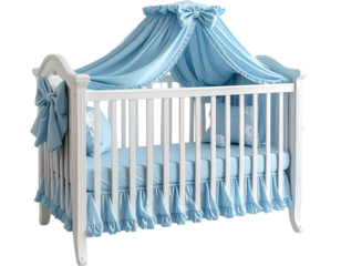 White baby crib with light blue canopy and accents