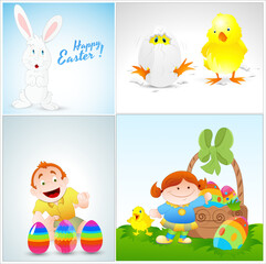 Easter themed illustrations featuring a bunny chick boy and girl with eggs.