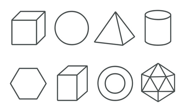 Geometric shapes in pattern: cube, circle, pyramid, cylinder, hexagon, decahedron