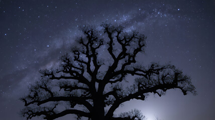 Silhouette of tree under starry night sky with milky way