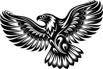 Majestic eagle soars with outstretched wings, rendered in bold black and white contrast for appeal
