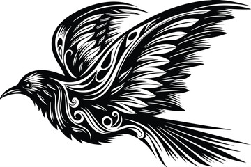 Stylized black bird illustration depicts flight with intricate swirling feather patterns against white background