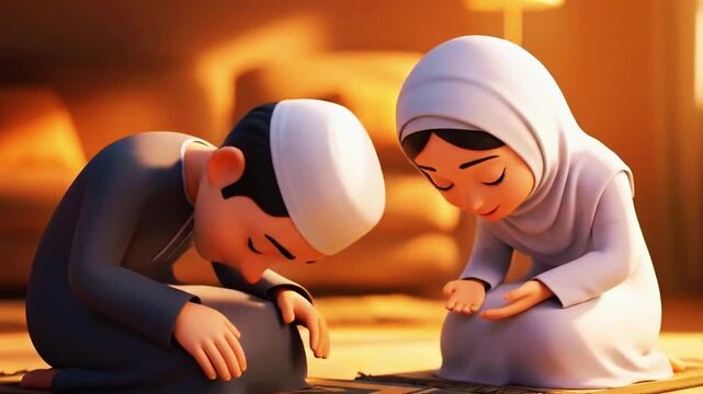 3D Animated Muslim Couple Praying Together on a Mat