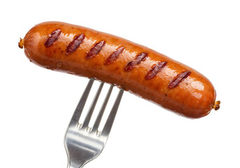 Grilled sausage on a fork against a white background.