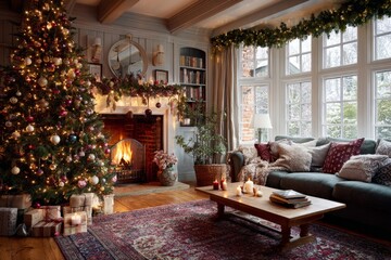 Fototapeta premium Cozy Christmas living room with a decorated tree, lights, and rustic decor. Beautifully decorated Christmas tree with lights, ornaments, and garlands, festive holiday atmosphere