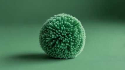 A spherical object composed of numerous, short, light-green, cylindrical protrusions sits on a matching green background, casting a subtle shadow.  The texture appears soft and slightly fuzzy