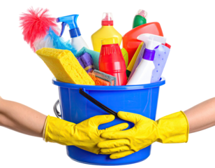 Cleaning supplies in a bucket held by gloved hands