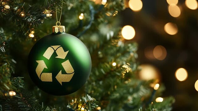 A green ornament featuring a recycle symbol hangs on a Christmas tree adorned with warm lights during the holiday season