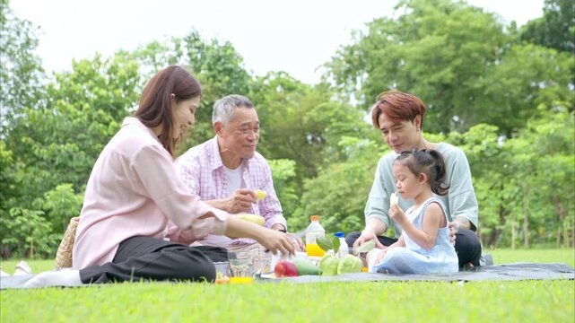 Happy multi generational Asian family enjoying picnic in the park,  Creating joyful outdoor lifestyle moment