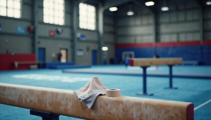 Equipment in Gymnastics Training Facility with Balance Beam and Chalk for Sports Promotions, Athletic Programs, Coaching Materials, Gymnastics Events, and Healthy Lifestyle Initiatives