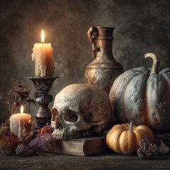 Still life with skull candles and pumpkins on a book with a rustic vase backdrop