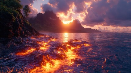 Volcanic rocks glowing at sunset ocean.