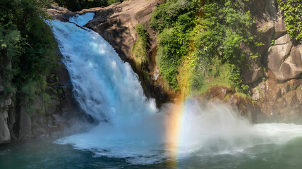 A powerful waterfall flowing into a river surrounded by rocks and green forest with visible rainbow mist