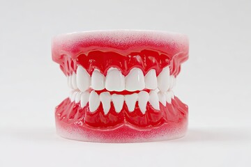 Obraz premium Dental model, showing upper and lower teeth. Red gums, white teeth. Studio shot