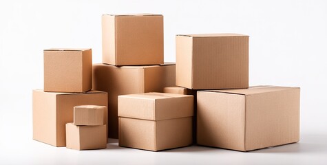 Obraz premium A collection of various sized, light brown cardboard boxes arranged in a slightly overlapping pile against a plain white background