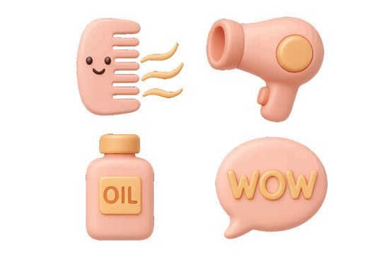 Fun and colorful haircare icons featuring a comb, hairdryer, oil bottle, and speech bubble expressing excitement - Powered by Adobe