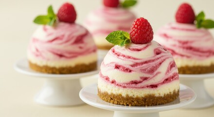 Delightful Mini Raspberry Swirl Cheesecakes Topped with Fresh Raspberries and Mint Leaves