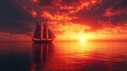 Fototapeta premium Sailboat at fiery sunset, ocean, dramatic sky.