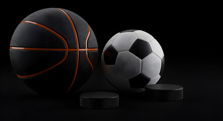 A dramatic composition of essential sports equipment, featuring a basketball, soccer ball, and hockey pucks on a dark background