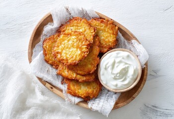 Golden-brown potato pancakes, stacked on a wooden platter, with a dollop of sour cream