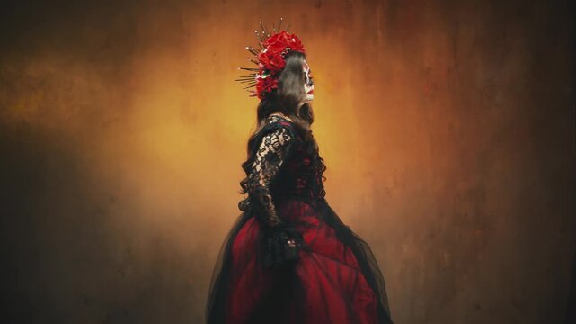 young woman sugar skull art carnival make-up face roses on head, dark long hair black lace dress waving in dance motion. Halloween costume holiday. Sexy Girl Calavera, day of the dead santa muerte 4k