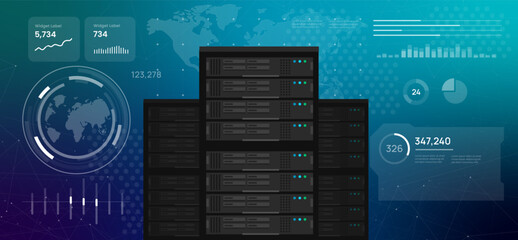 high tech digital dashboard featuring a server rack global data centers and cloud computing infrastructure web hosting big data and IT technology