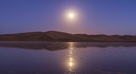 Obraz premium Serene Night Landscape with Bright Moon Reflecting on Calm Water and Desert Dunes