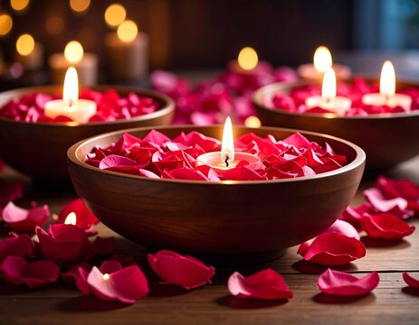 Romantic candles and rose petals