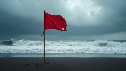 red flag on the beach with blue sky