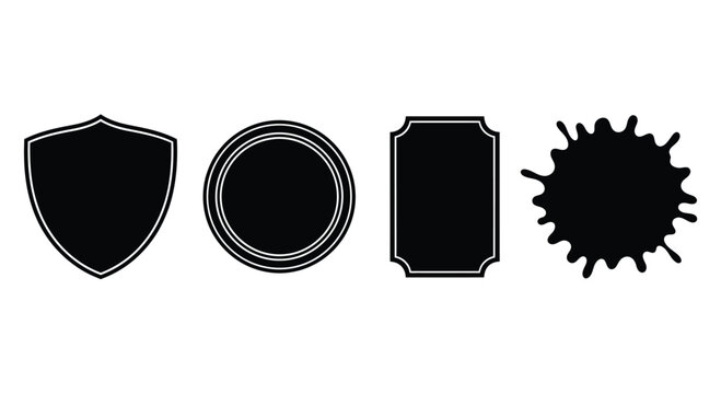 Collection of four grunge textured silhouettes shield circle rectangle ink splat design elements vector