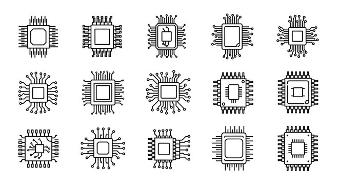 Collection of detailed microchip icons representing technology and computing power vector