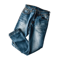 Folded pair of blue jeans, slightly faded, showing details of the waist and pockets