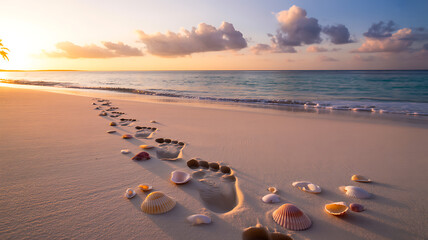 Footprints and seashells on sandy beach at sunset by the ocean