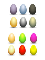 Set of twelve colorful realistic eggs for Easter celebration.