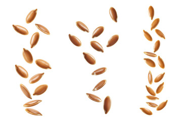 Flax seeds set PNG. Flax seeds falling down isolated. Flat, oval seeds from flax plant flying PNG. Flax seeds in air isolated