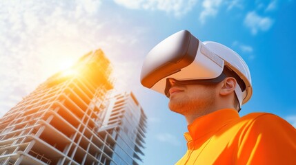 Construction worker with vr headset at building site
