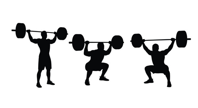 Athletic silhouettes of weightlifters performing overhead lifts and squats during intense workout vector