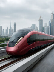 Naklejka premium A futuristic red Hyperloop-style train in motion, set against an urban blurred background for speed and innovation context