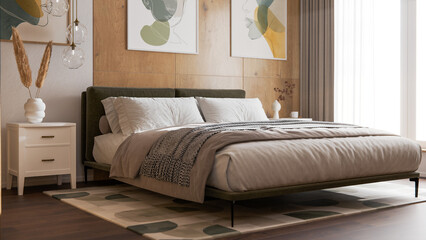 Scandinavian Autumn Bedroom Interior with Wooden Wall Panels and Cozy Decorations