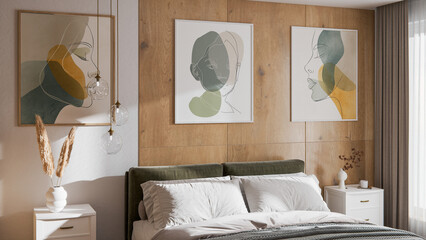 Scandinavian Autumn Bedroom Interior with Wooden Wall Panels and Cozy Decorations