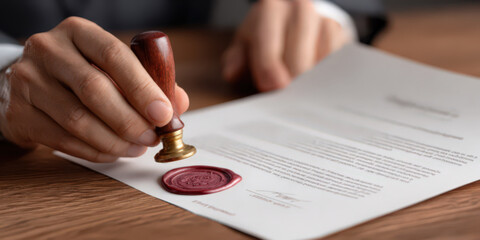 Close-up of a person's hand stamping a legal document labeled "Approved" with a red personal seal.