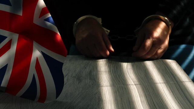 Prisoner in interrogation room with British Union Jack flag 