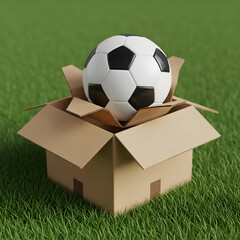 A new soccer ball delivered in an open cardboard box on a green grass field, symbolizing the start of a new season or the gift of sport