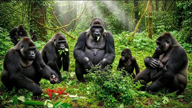 A serene portrait of a mountain gorilla family, including a silverback and infants, feeding together in a sun-drenched rainforest.