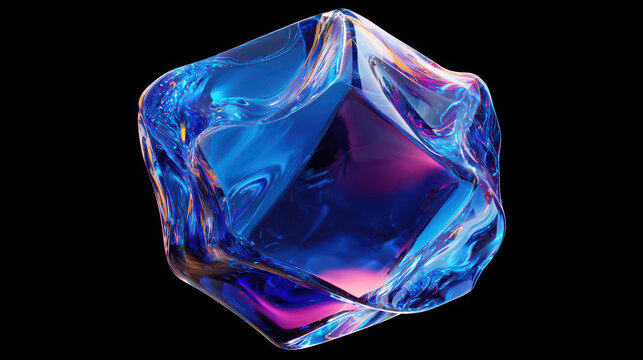 Abstract glass crystal, glowing neon gradient sphere, vibrant blue and purple color, futuristic geometric shape, isolated on black background, modern digital art