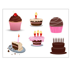 Various delicious birthday cakes and cupcakes with lit candles on white background.