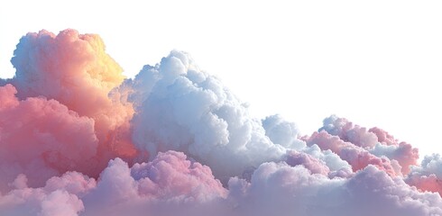 Pastel-hued cloudscape against a white background.  Soft, fluffy cumulus clouds in shades of pink, orange, and light blue