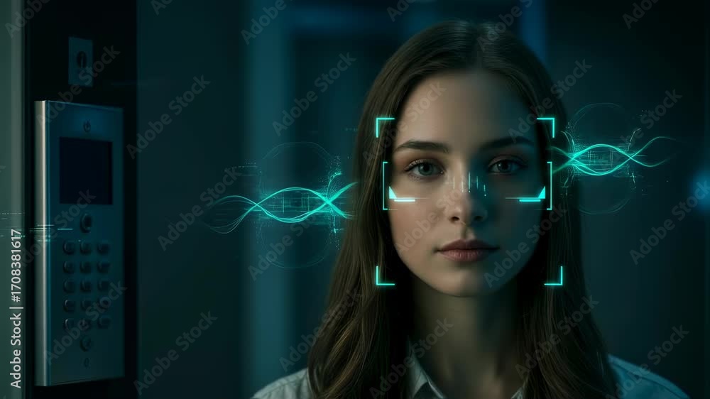 Poster woman's face scanned by futuristic facial recognition system. biometric security scan concept with d
