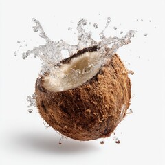 Coconut halves in mid-air, water splashing